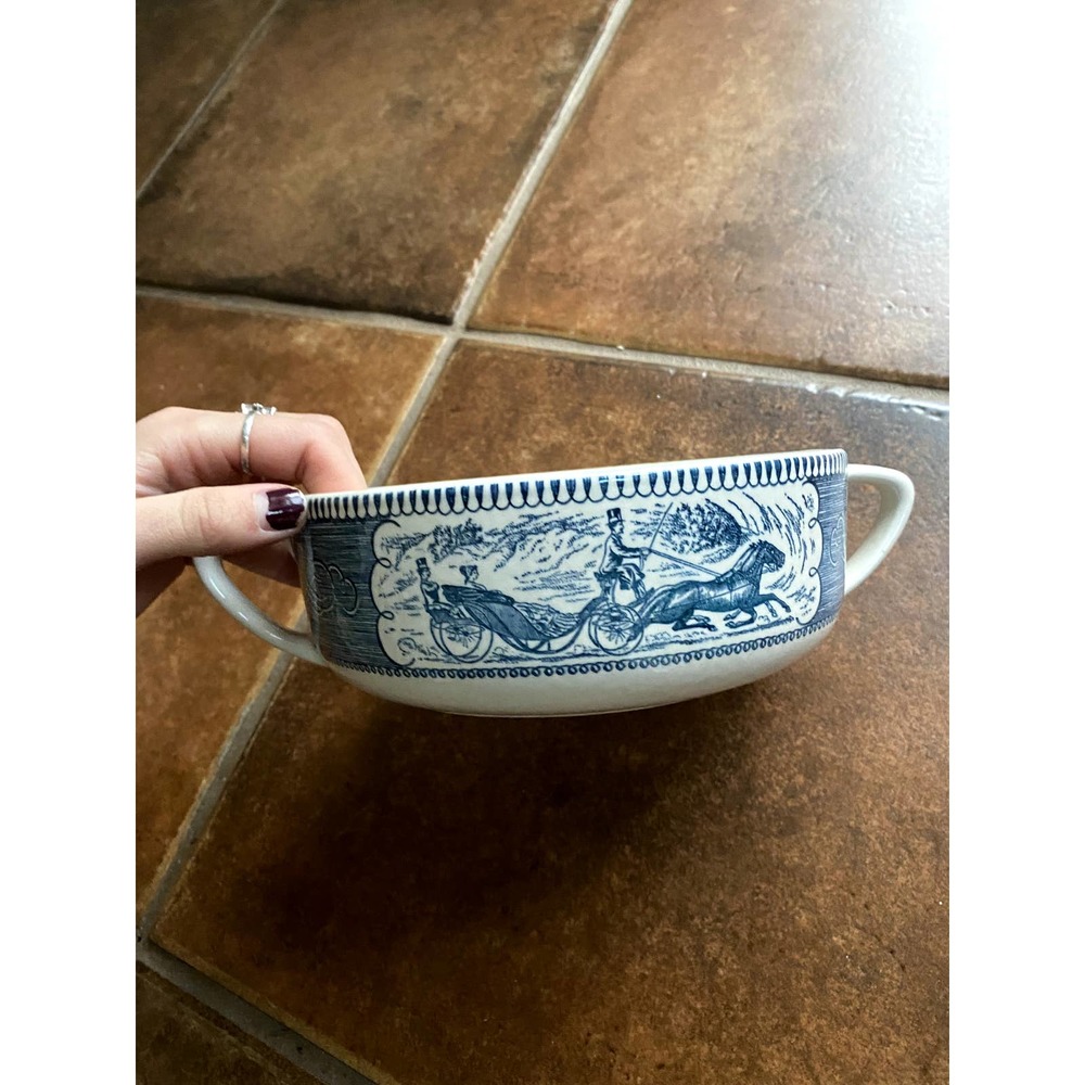 Vintage casserole dish white with blue ink design